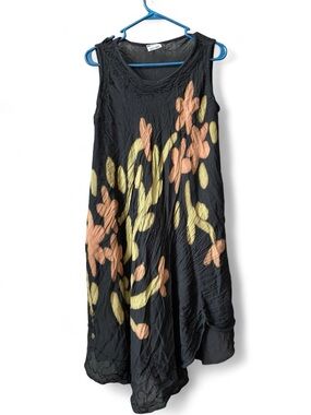 Sleeveless Black Floral Print Midi Dress with Peach & Lemon Accents